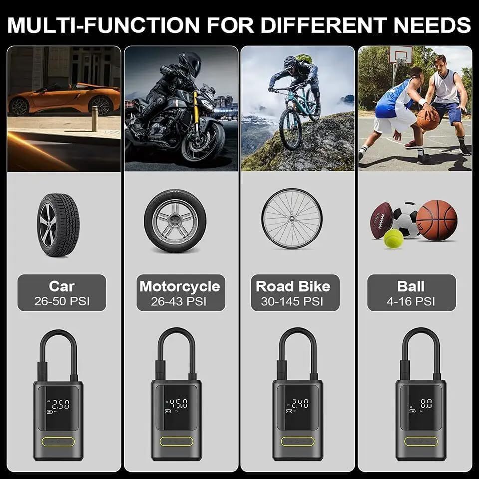 Oz Bargains™ PowerAir Pro – 150 PSI Portable Tyre Inflator | Cordless Air Compressor for Car, Bike & Motorcycle