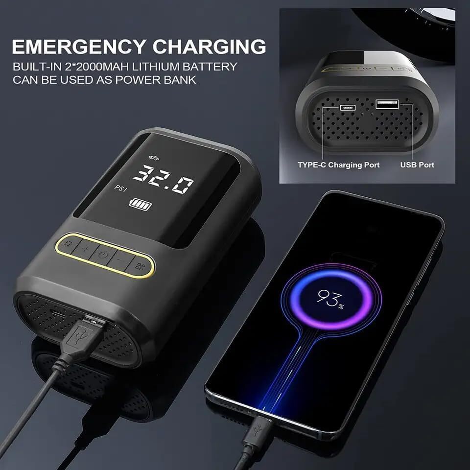 Oz Bargains™ PowerAir Pro – 150 PSI Portable Tyre Inflator | Cordless Air Compressor for Car, Bike & Motorcycle